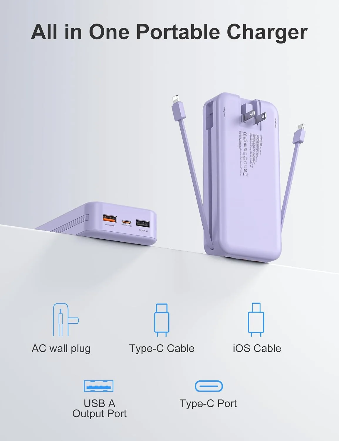 Portable Charger Power Bank 20000mAh with Built in Cables & Wall Plug