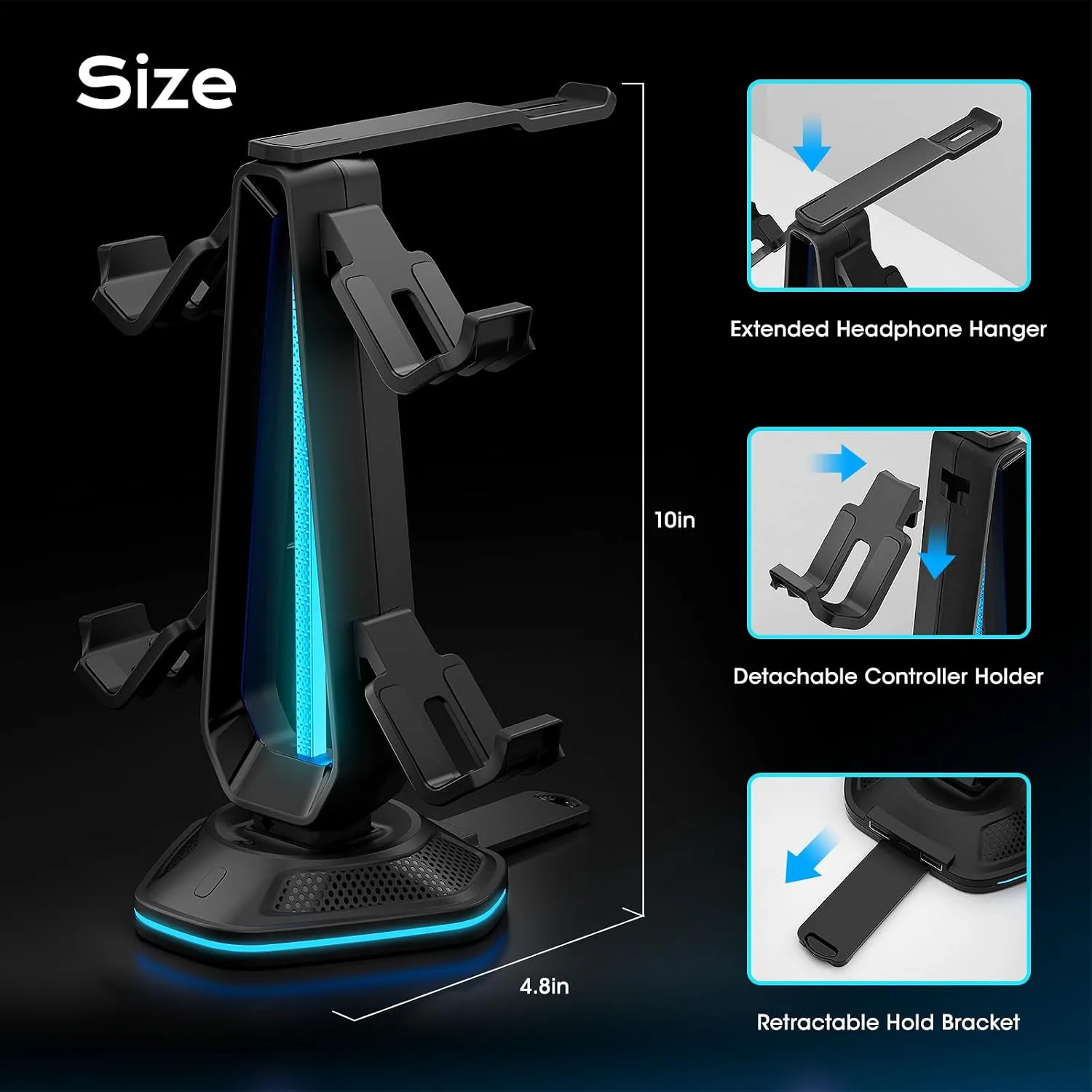 Saitake RGB Controller Stand, Gaming Controller Holder with 9 Light Modes, 2 USB Charging Ports, Headset Stand, Desk Organizer for Xbox PS5 PS4 Switch PC, 4 Controllers & 1 Headphone (Black)