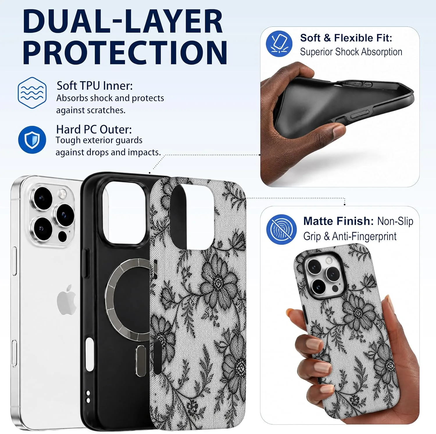 Magnetic for iPhone 16 Pro Black Lace Phone Case, Floral Flower