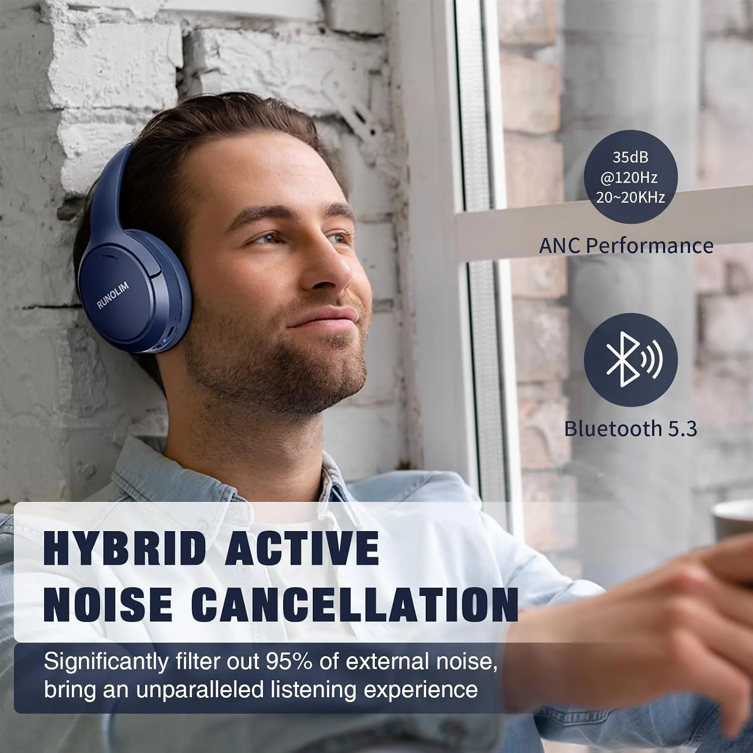 RUNOLIM Active Noise Cancelling Headphones, Wireless Bluetooth Over Ear (Blue)