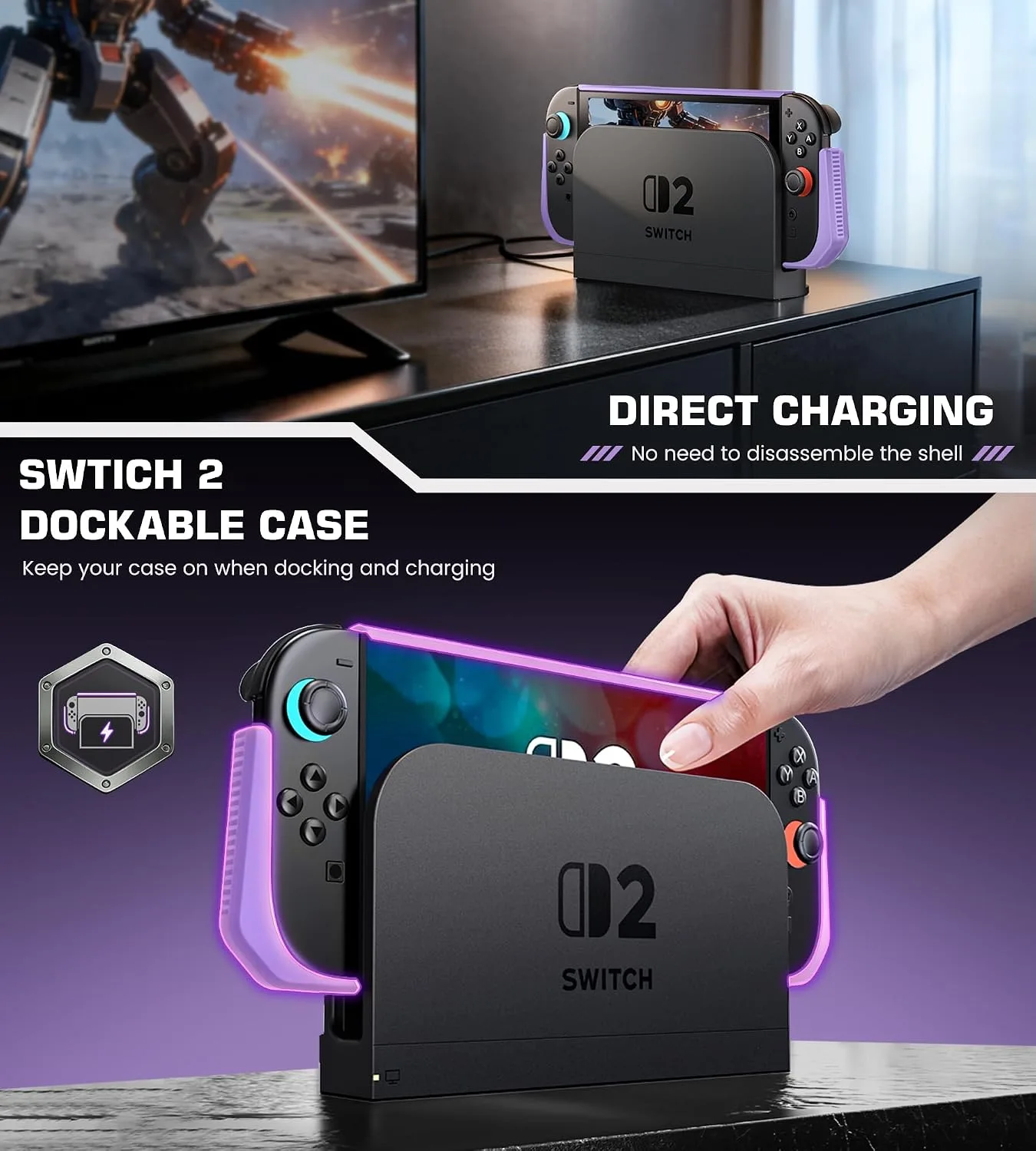 Dockable Purple Case for Switch 2,[Exclusive Pop-up Joy-Con Quick Release][Military-Grade Protection][Stand Compatible] Switch 2 Protective Case with Ergonomic Grip, Shell for Switch 2 Console
