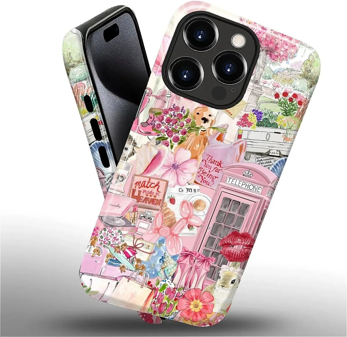 DAIZAG Case for iPhone 15 Pro,Mixed 2 Layer Design Shockproof Soft TPU Ddouble Protection Phone Case for iPhone 15 Pro-Cute Pink Animal Garden Collage
