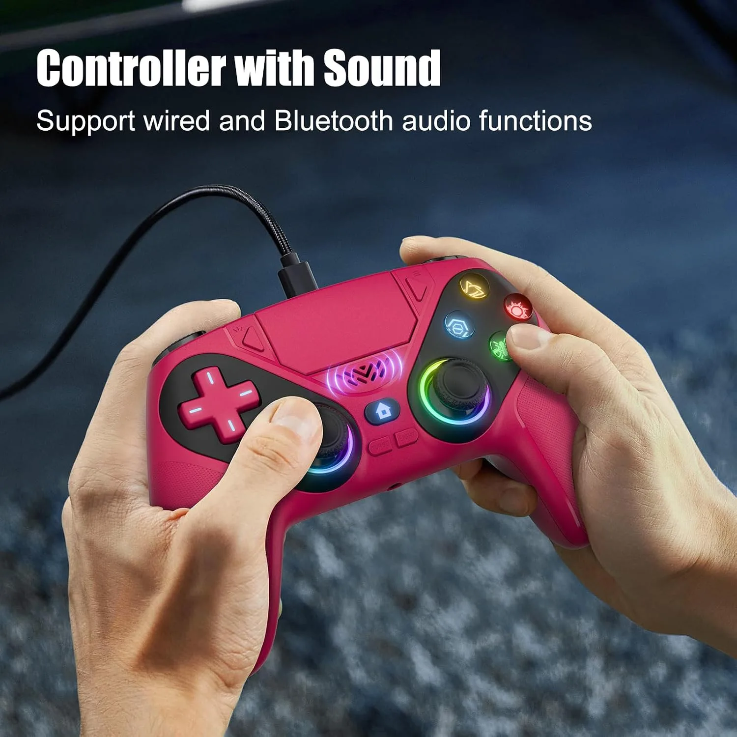 Gamrombo LED Wireless Controller for PS5, Compatible with PS5 Pro/Slim/PC, Dual Vibration, Macro/Turbo Function, 3.5mm Audio Jack, 6-Axis Motion Control Gamepad with Speaker(Maroon)