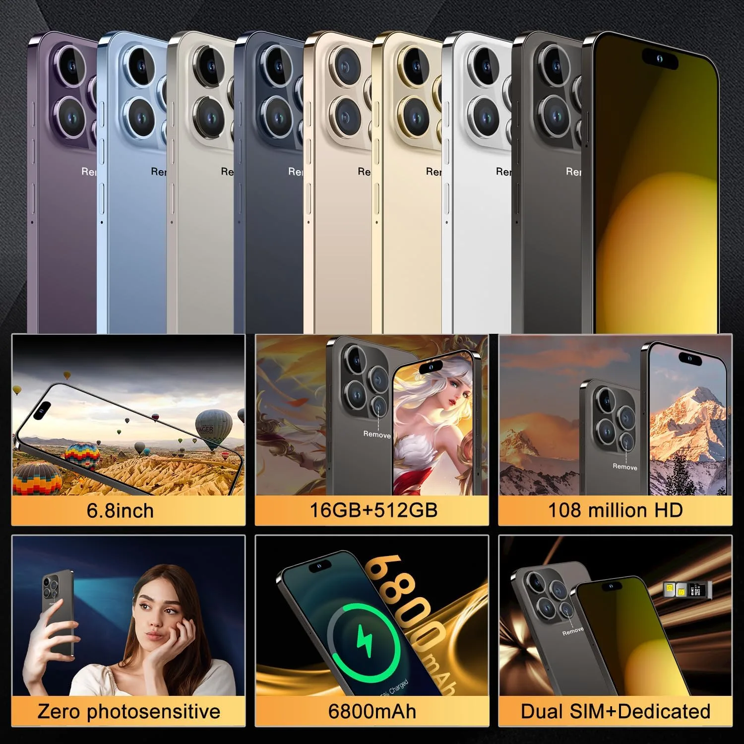 Huness 15 PM Smartphone Unlocked Cell Phone,Battery 6800mAh 6.8 HD Screen Unlocked Phone,16+512GB Android 14 with 128GB Memory Card,Dual SIM/5G/Fingerprint Lock/Face ID (Black)