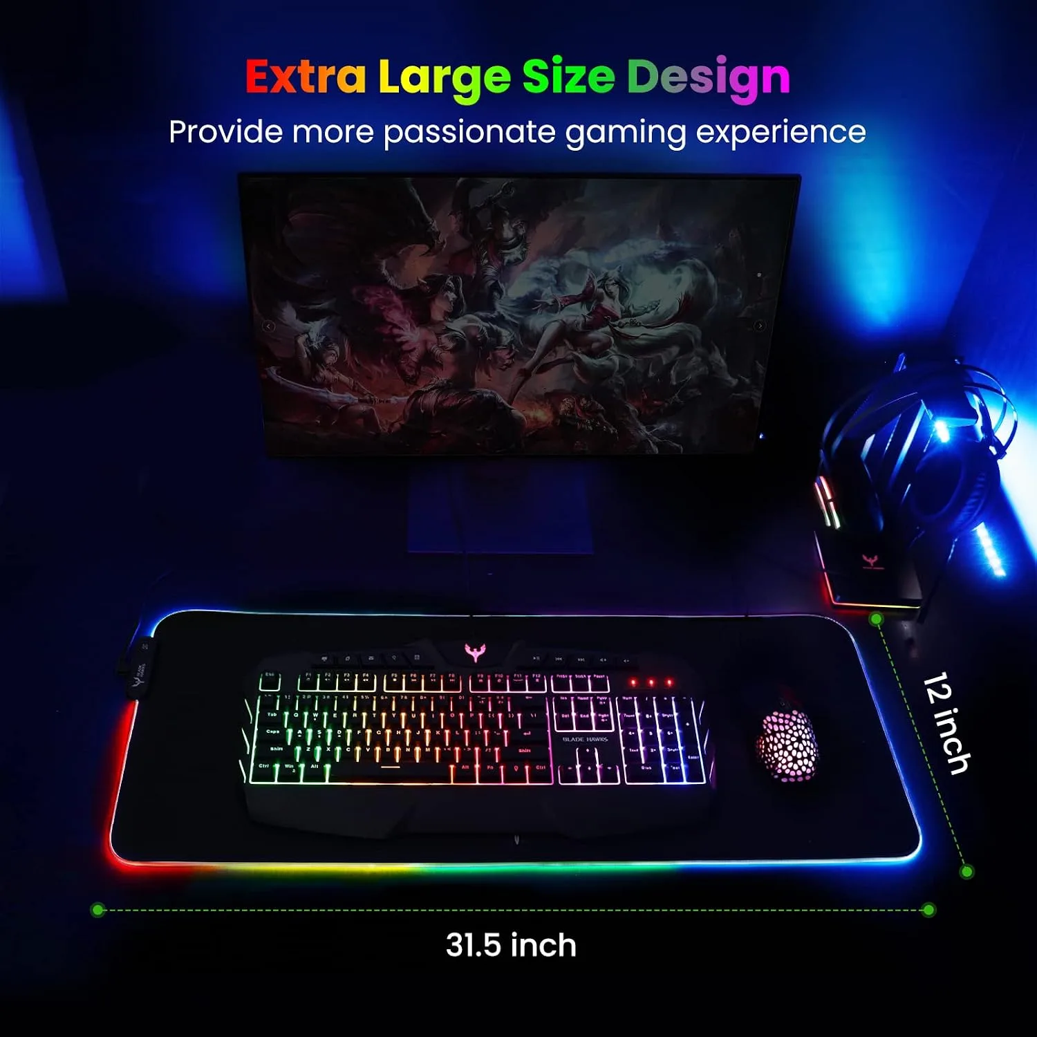 BladeHawks RGB Gaming Mouse Pad Extra Large Extended 31.5x12 Inch-Black