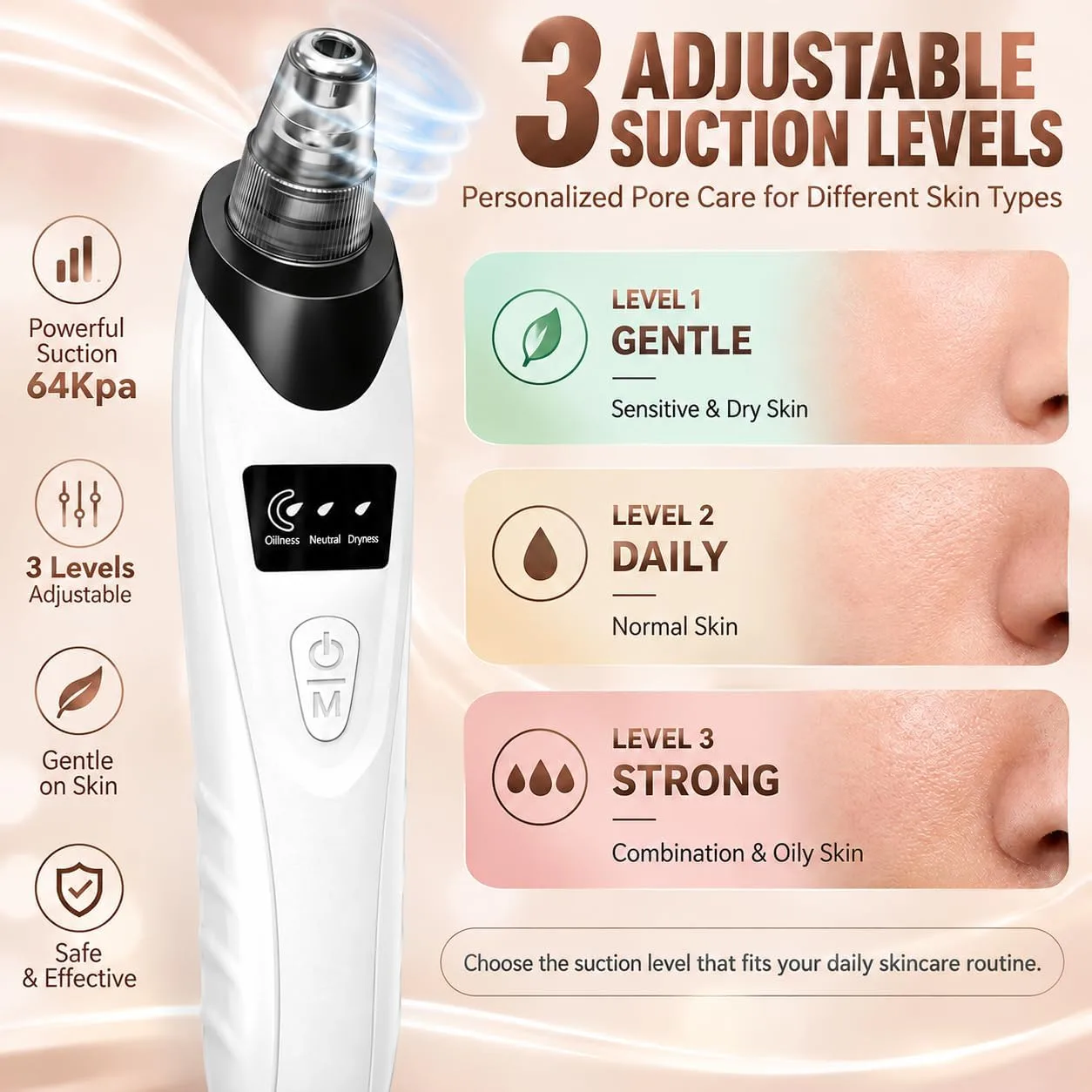 Pore Vacuum Blackhead Remover, 3 Suction Levels, 5 Heads，Black
