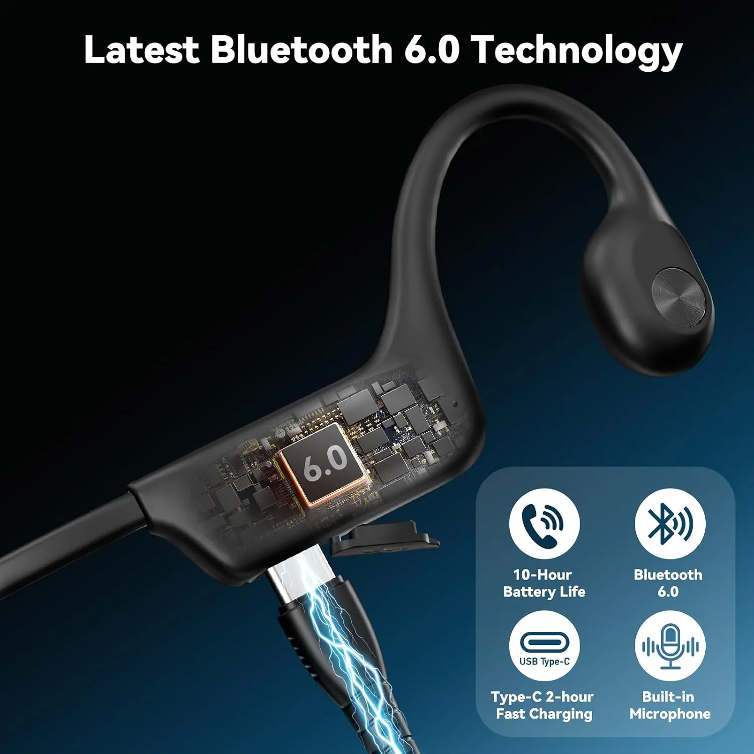 Fanisic Bone Conduction Headphones, Bluetooth 6.0 Open Ear Headphones with Mic, Type-C Quick Charge. Long Battery Life, IPX5 Sweatproof, Lightweight Comfortable for Office, Sports, and Driving(Black)