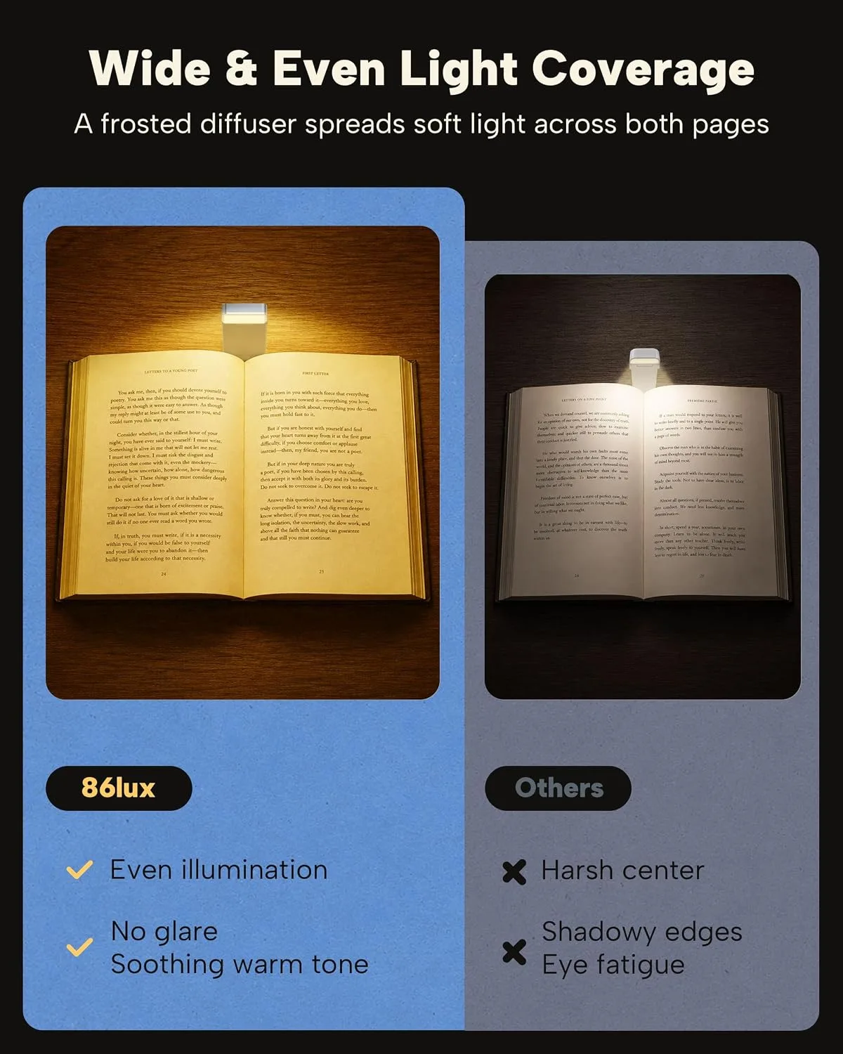 86lux Book Light, Rechargeable Clip-On LED Reading Light for Bed & Night Use - 3 Color Temperatures with Stepless Dimming, Ultralight Bookmark Design for Kids, Book Lovers, Blue