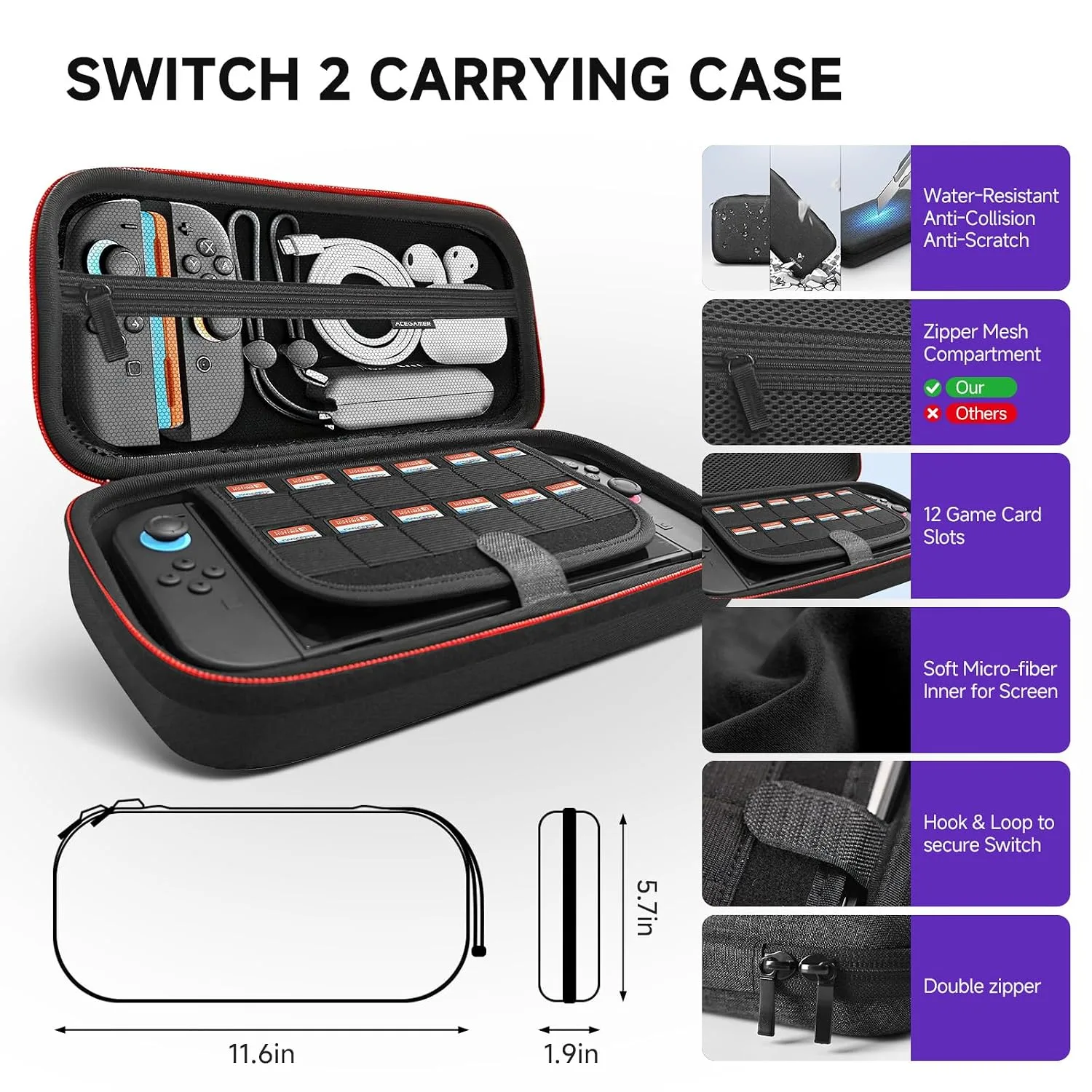 AceGamer Pro Hall Effect Controllers Accessories Bundle for Nintendo Switch 2 17-in-1: Carrying Case, Screen Protector, Grip for Switch 2 Joycons, Steering Wheel, Thumbs, Dockable Protective Cover Shell, Card Case