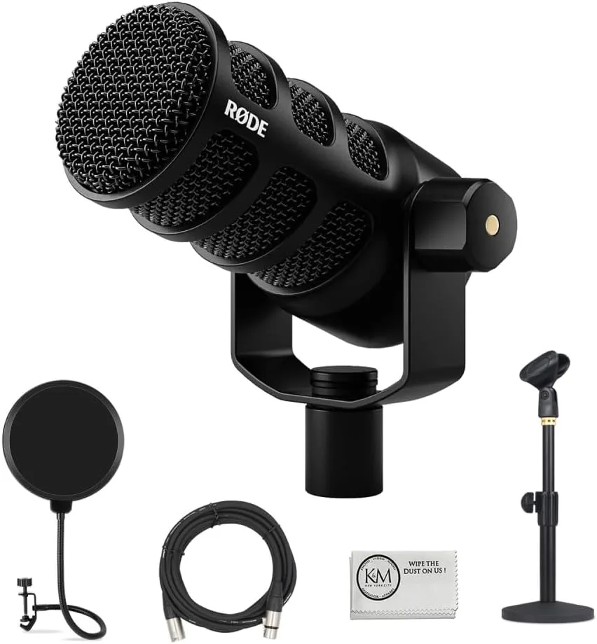 Rode PodMic USB and XLR Dynamic Podcasting Microphone | Black Bundle with Pop Filter + Desktop Microphone Stand + XLR Cable + Cleaning Cloth (5 Item)