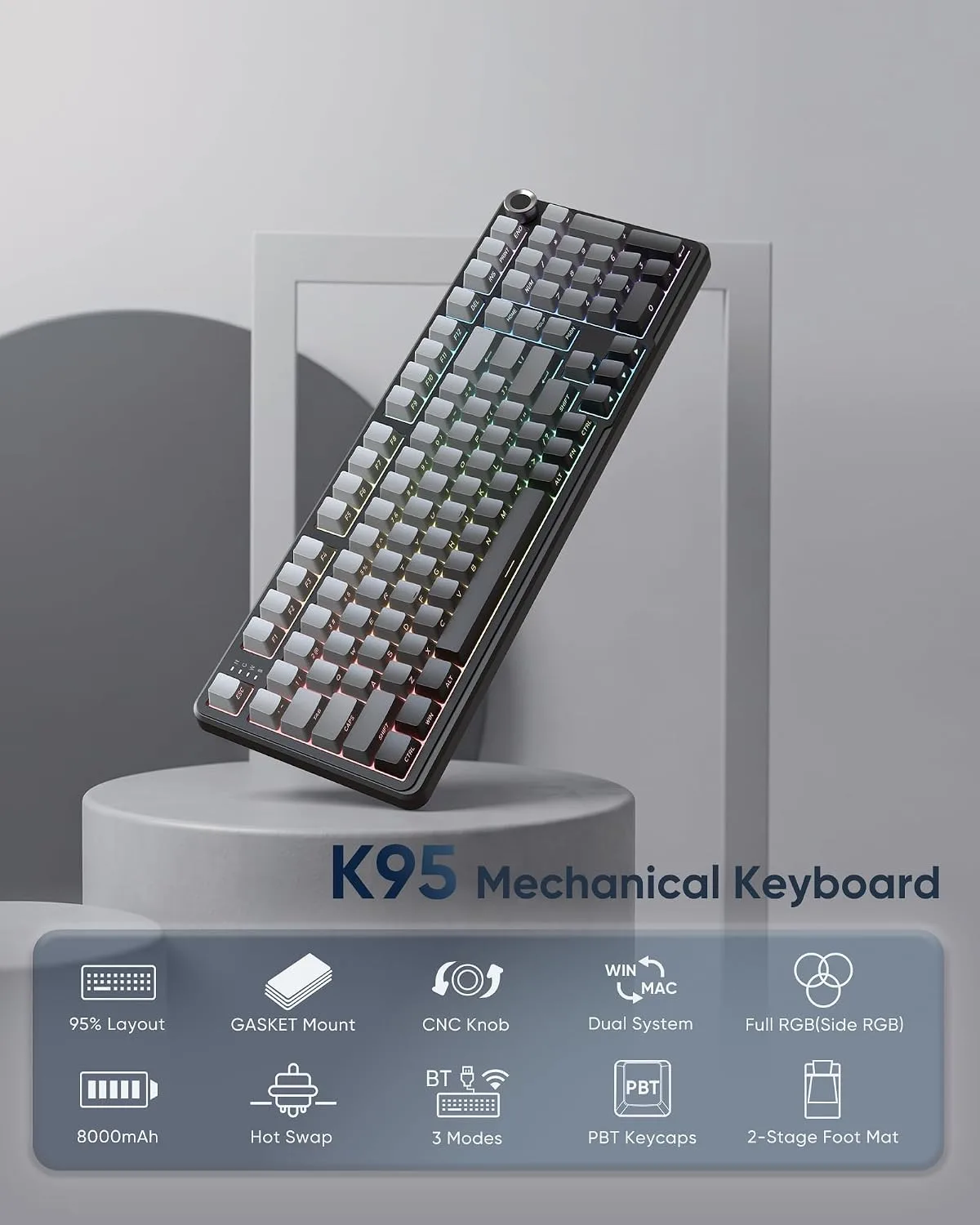 RedThunder K95 S Wireless Mechanical Gaming Keyboard, Hot Swappable Creamy Keyboard with Knob, RGB Backlit, Pre-lubed Linear Switches, Side Engraved PBT Keycaps, Wireless/Wired/BT5.0, Gradient Gray