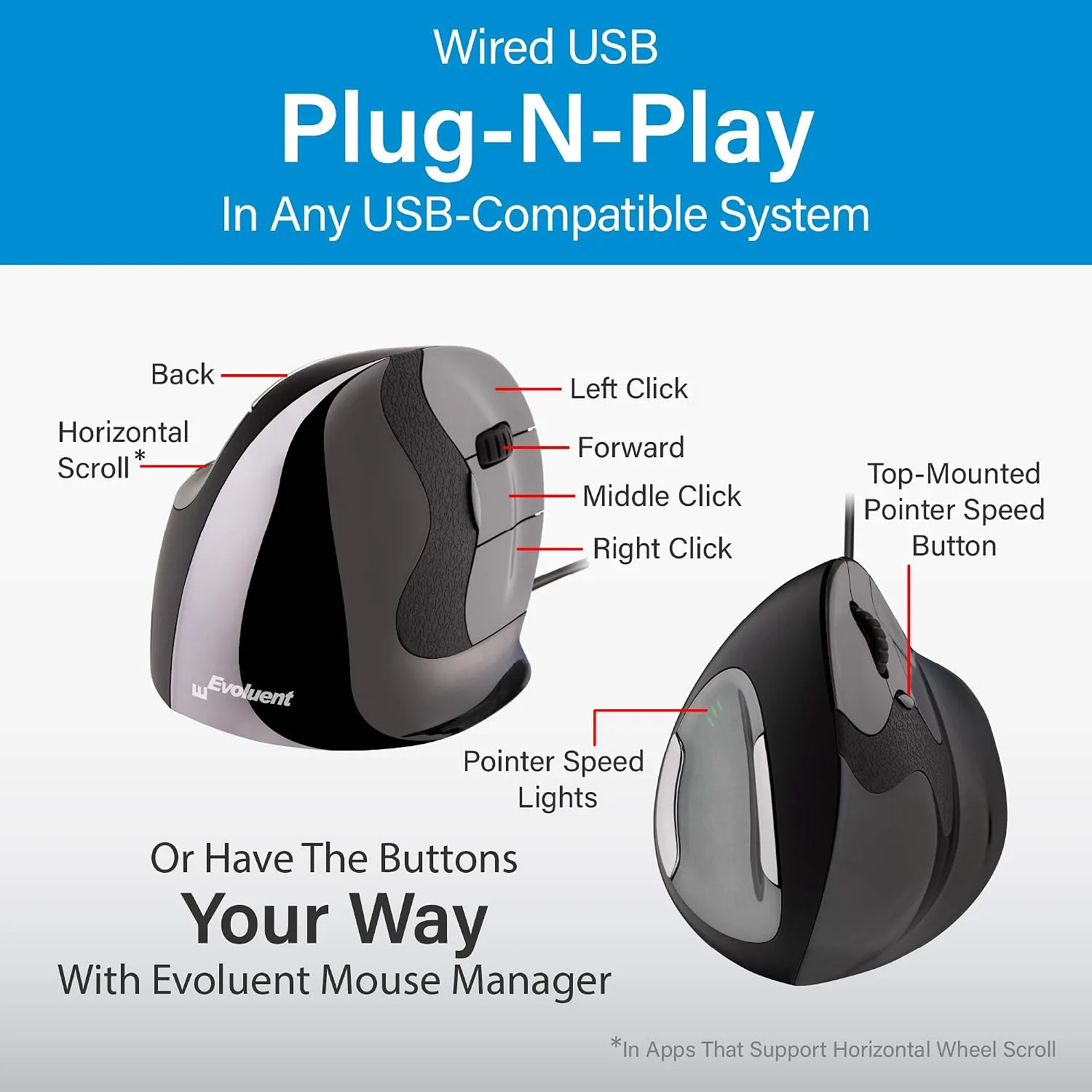 Evoluent – Inventor of The Vertical Mouse – VMDL Ergonomic Vertical Mouse Right Hand Large Wired USB, Sculpted for Comfort, Reduces Wrist Strain, 4 Speeds, 6 Customizable Buttons in Windows