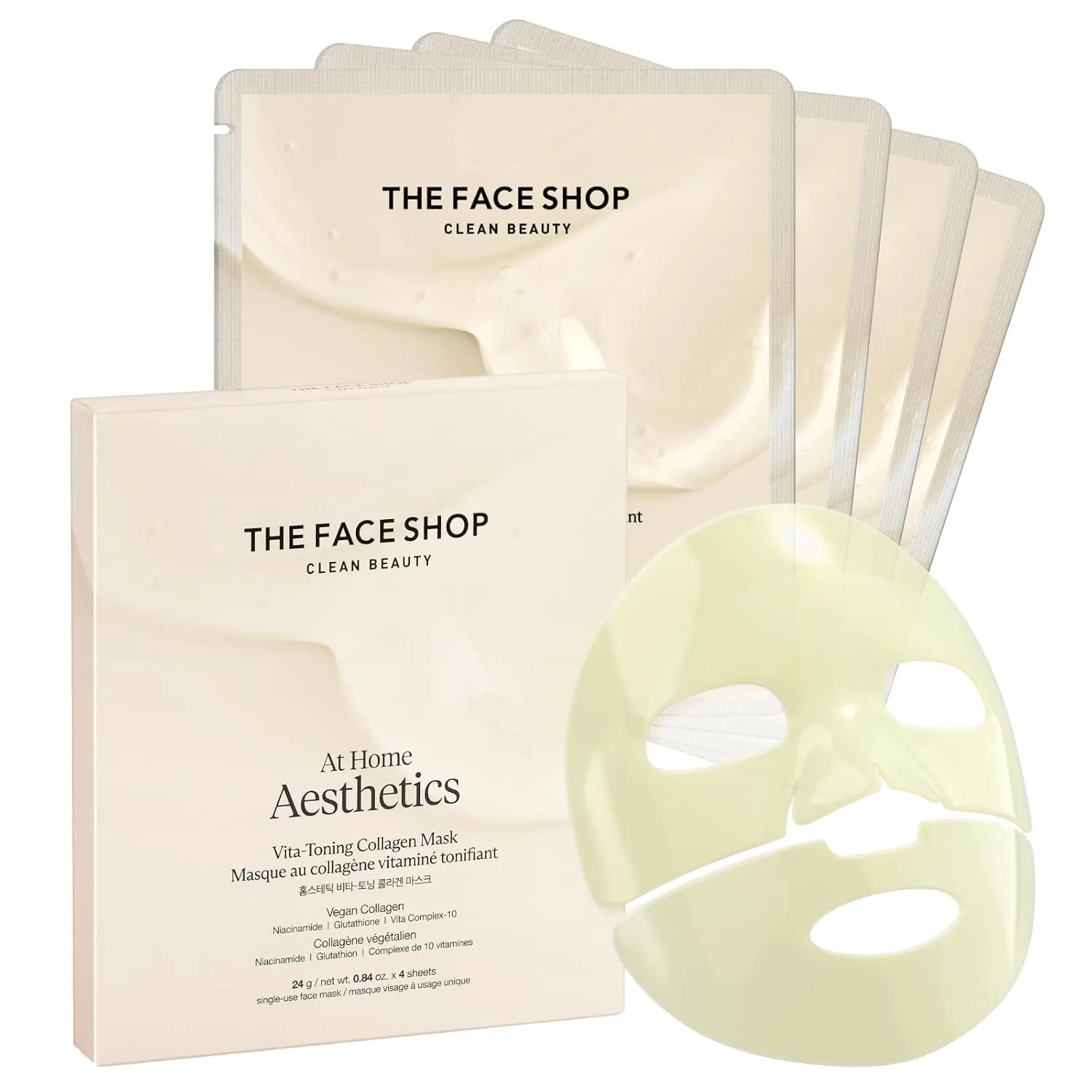 The Face Shop Vita-Toning Collagen Mask, Hydrogel Face Mask, Vegan, 4EA
