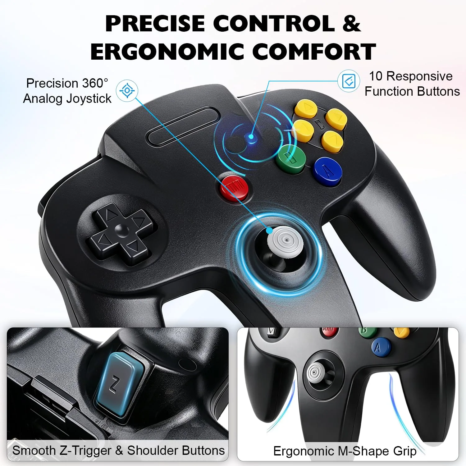 miadore Classic N64 Controller 2 Pack, Wired Retro N64 Remote Joystick Gamepad Controller Compatible with N64 Video Game System Console(black+Gray)