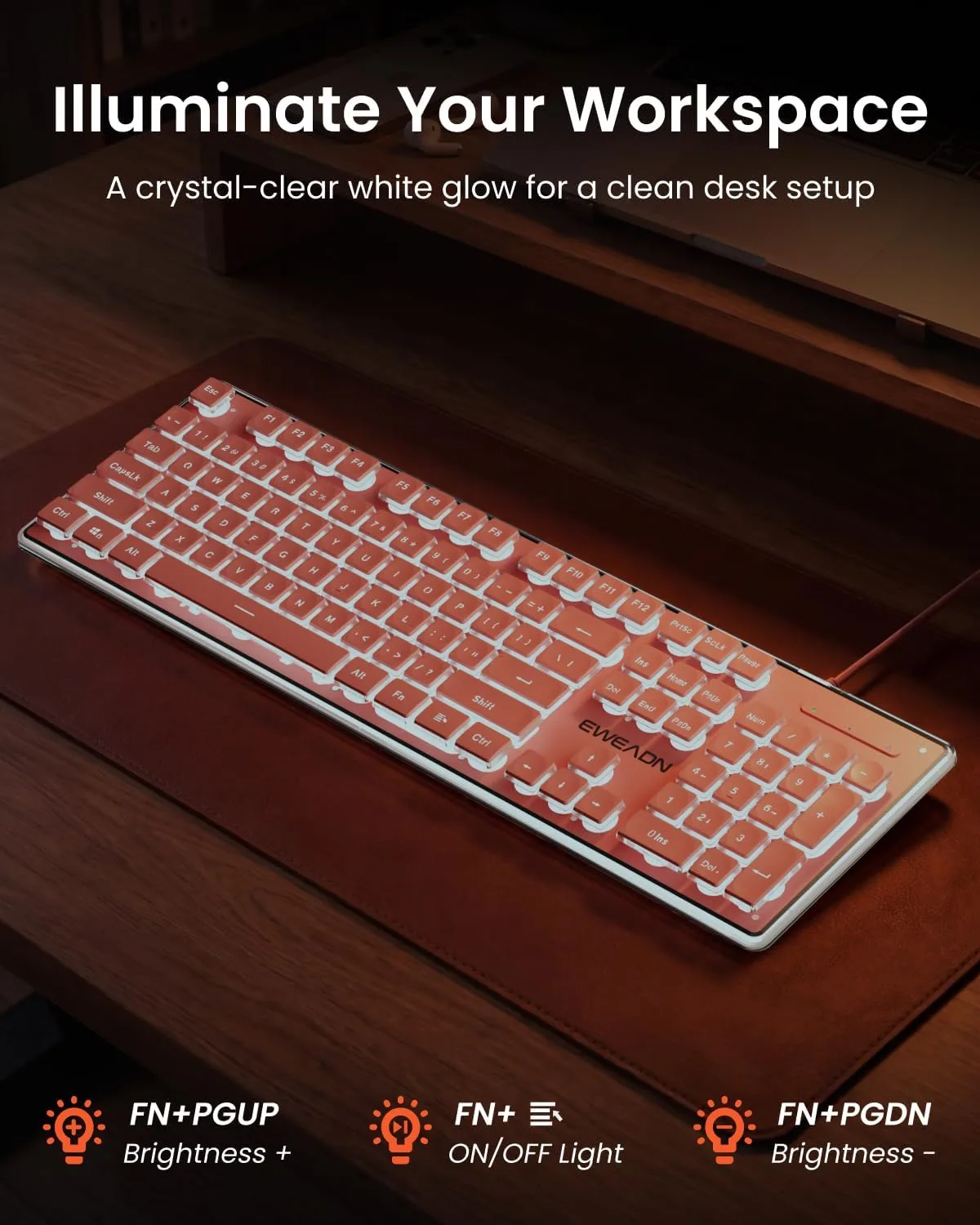 Wired Keyboard with White Backlit, Never Fade, Soft Click Typing, Pink