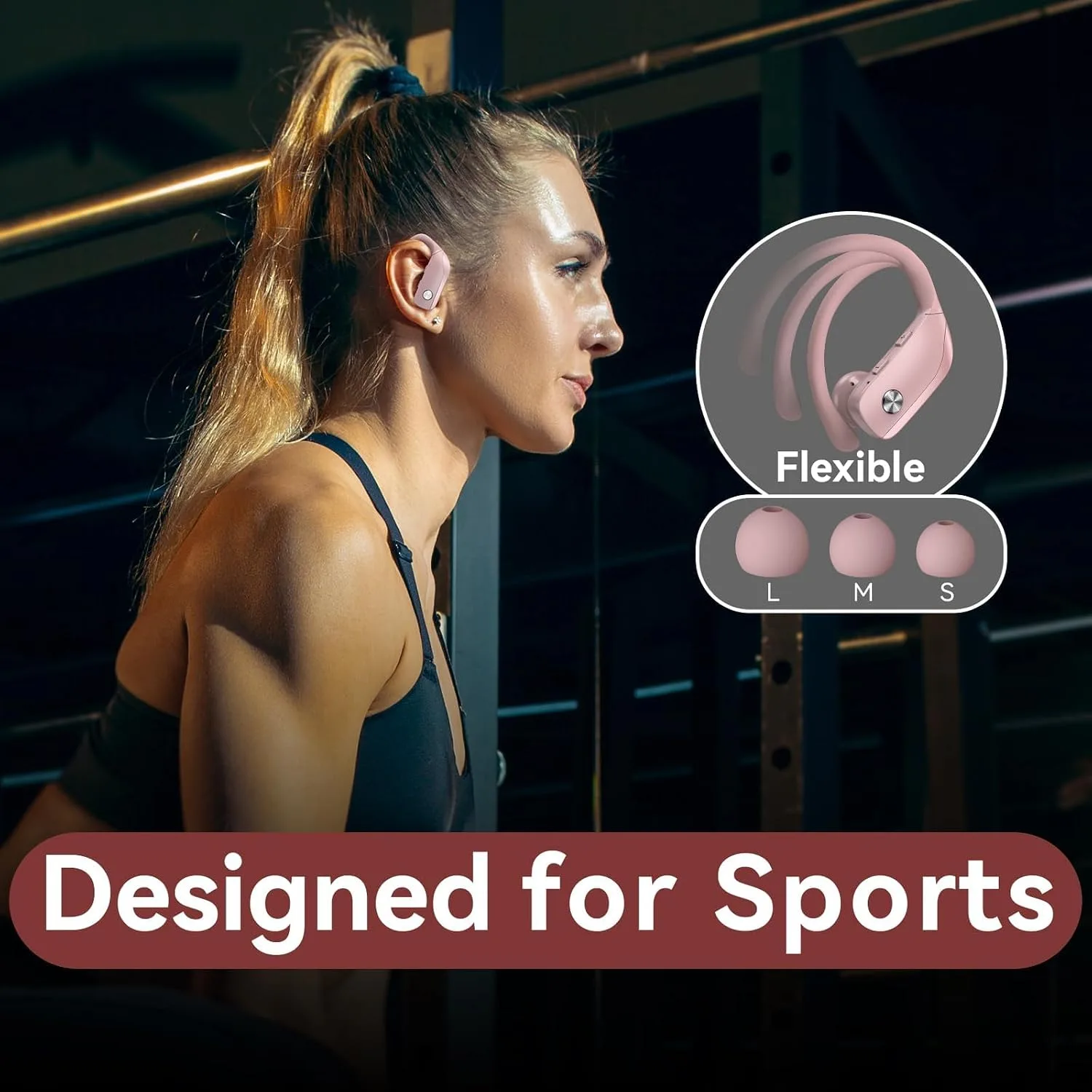bmani Ear Buds Wireless Earbuds Bluetooth Headphones with 80H Playtime LED Display Case, Over-Ear Hook with Mic, Stereo Sound, Easy Button Controls, Sports Earphones for Running Workout Gym Pink