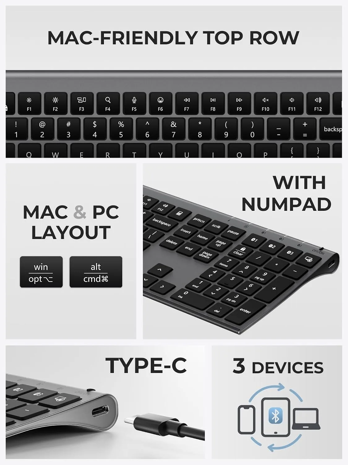 iClever BK10 Max Bluetooth Keyboard for Mac, Slim Full-Size Layout, Gray