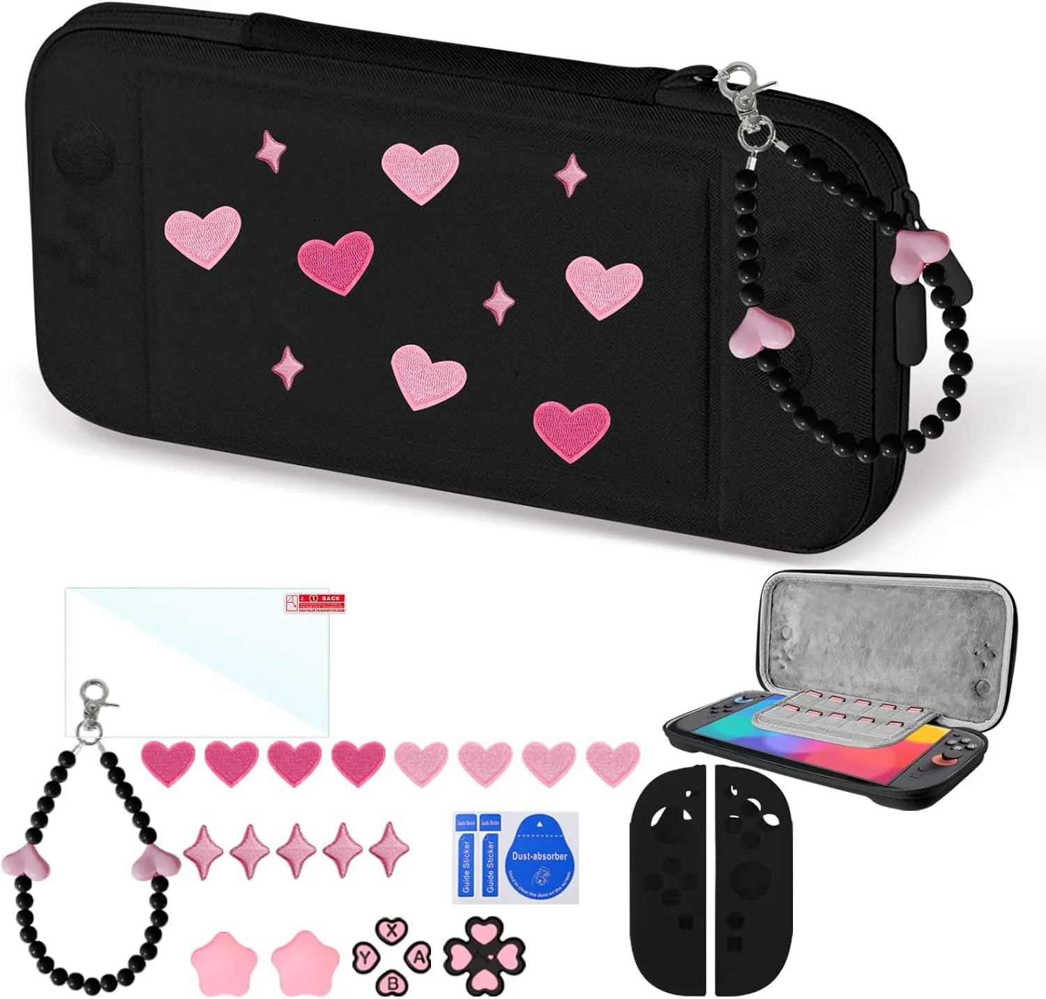 Cute Travel Carrying Case for Switch 2 2025 with Silicone j-con Covers, Thumb Grip Caps, Screen Protector, Love Heart Strap and Embroidery stickers for Girls Women, Black