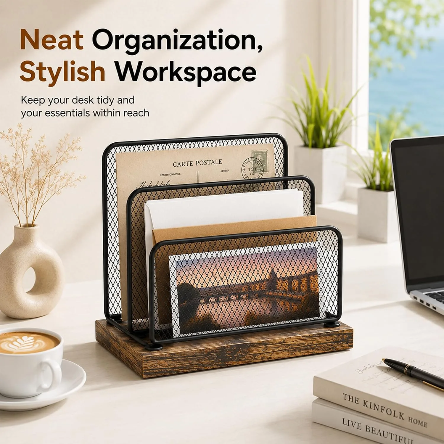 OPNICE Wooden Mail Organizer, File Organizer for Desk, Brown