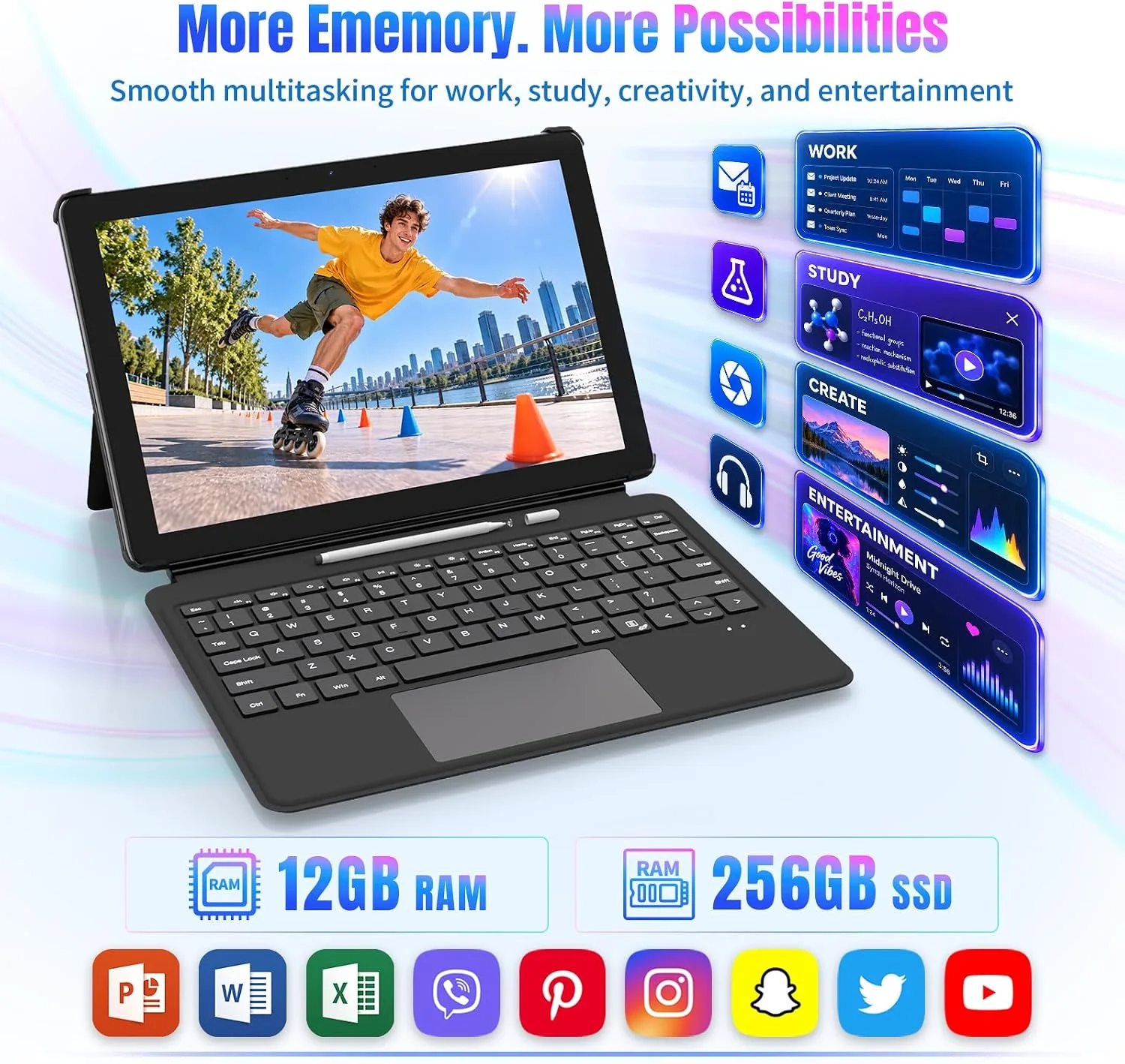 2 in 1 Laptop 10.1" Win11 Pro Tablet PC with Keyboard & Stylus Pen