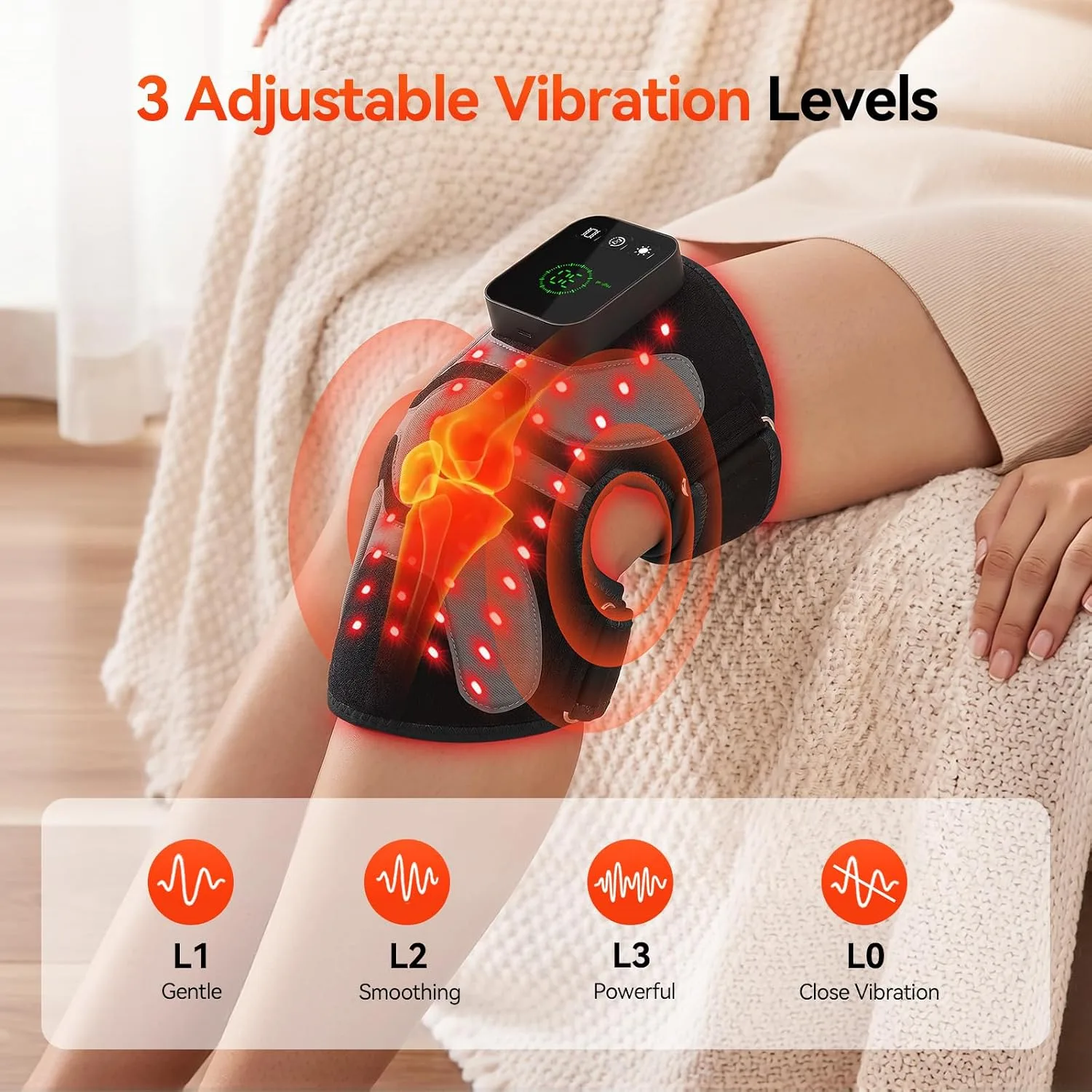 Red Light Therapy Knee Massager Device, 660nm & 850nm Infrared Heat & Vibration Cordless Knee Massager 5000mAh Rechargeable for Knee, Elbow, Shoulder Joint Massage Therapy-Black