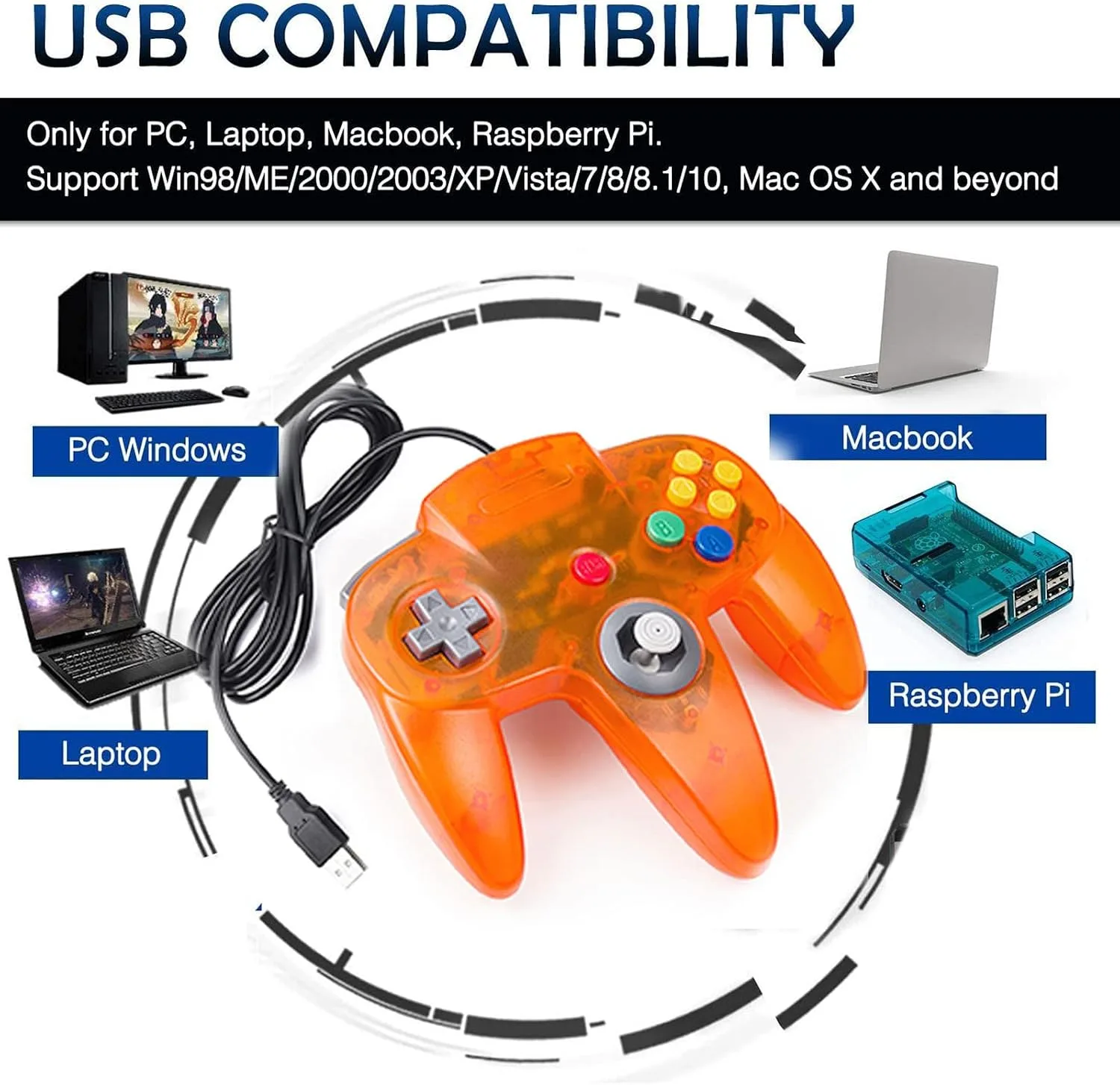 2 Pack USB Wired N64 Controller, miadore Classic N64 PC Gamepad Joystick Controller for Windows PC MAC Linux Raspberry Pi 3 (Green/Orange)