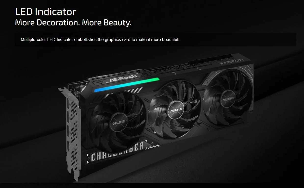 ASRock Radeon RX 9070 Challenger 16GB OC Graphics Card, RDNA 4, 2520MHz Boost, 16GB GDDR6 256-bit, PCIe 5.0, Triple Fans, 0dB Silent, LED Indicator