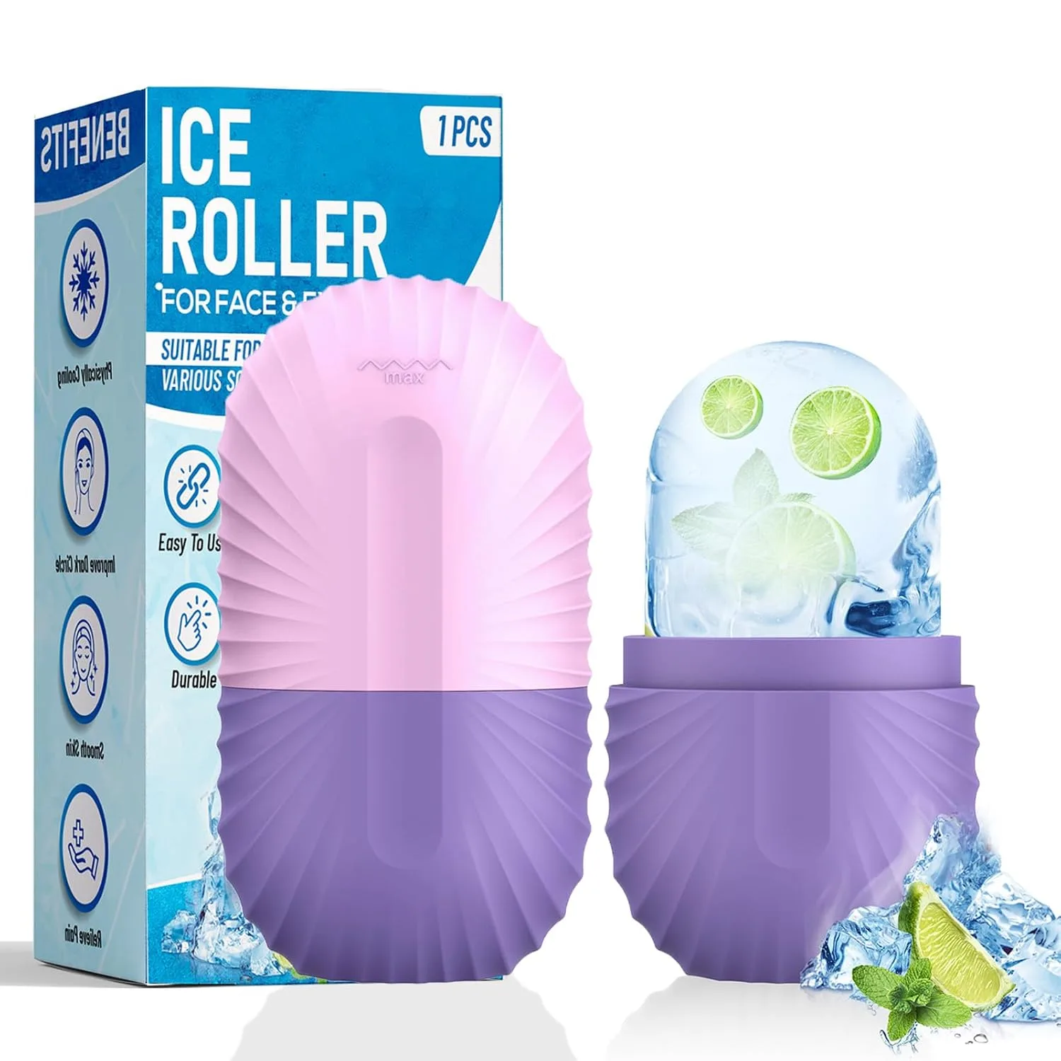 Ice Roller for Face and Eye, Silicone Ice Facial Roller Ice Holder, Face Ice Mold Skin Care, Face Icers Reusable Ice Cube Roller for Shrink Pores Anti Wrinkle Reduce Puffiness, Purple