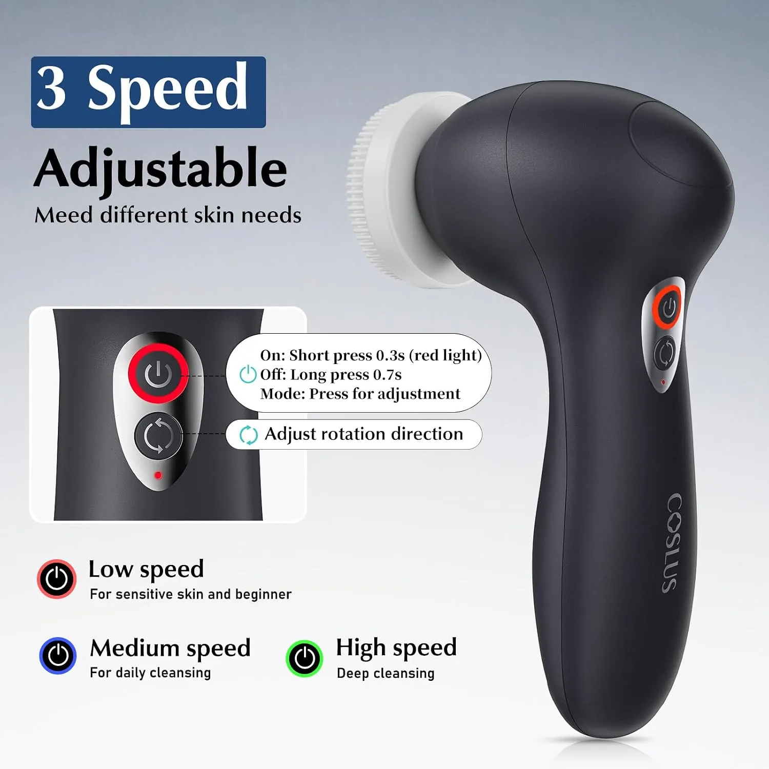 COSLUS FBX04 Facial Cleansing Brush, 3-in-1 Face Scrubber, Black