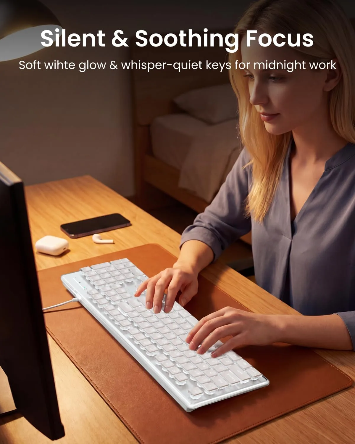 Wired Keyboard with White Backlit, Never Fade, Soft Click Typing, White