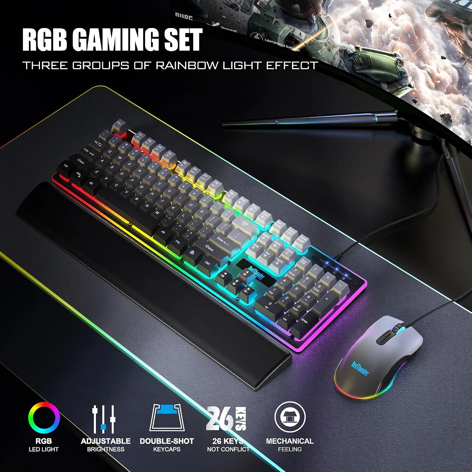 RedThunder K10 Wired Gaming Keyboard, Mouse Wrist Rest Combo, RGB Backlit, Mechanical Feel Anti-ghosting Keyboard + 7D 7200 DPI Mice+Soft Leather Wrist Rest 3 in 1 PC Gamer Accessories(Gradient Gray)