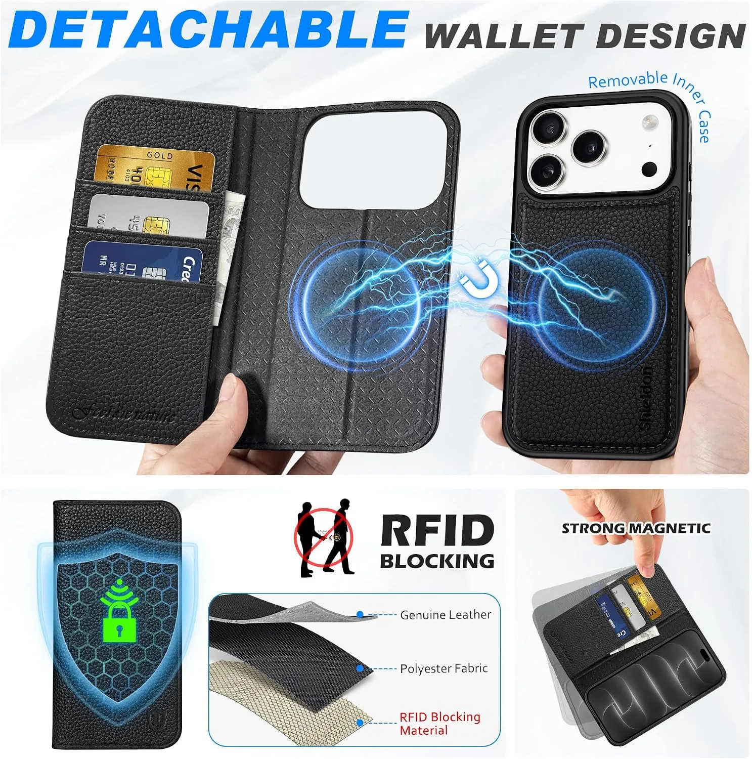 SHIELDON 2 in 1 Leather Case Wallet for iPhone 18 Pro/17 Pro, Pebbled Black
