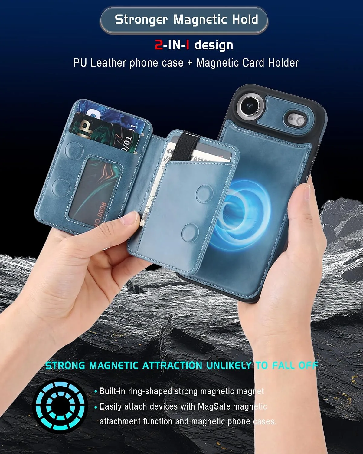 Magnetic Detachable Wallet Case for iPhone 17 Air with Kickstand,2-in-1 MagSafe Compatible RFID Blocking Card Holder,Slim PU Leather Cover Blue