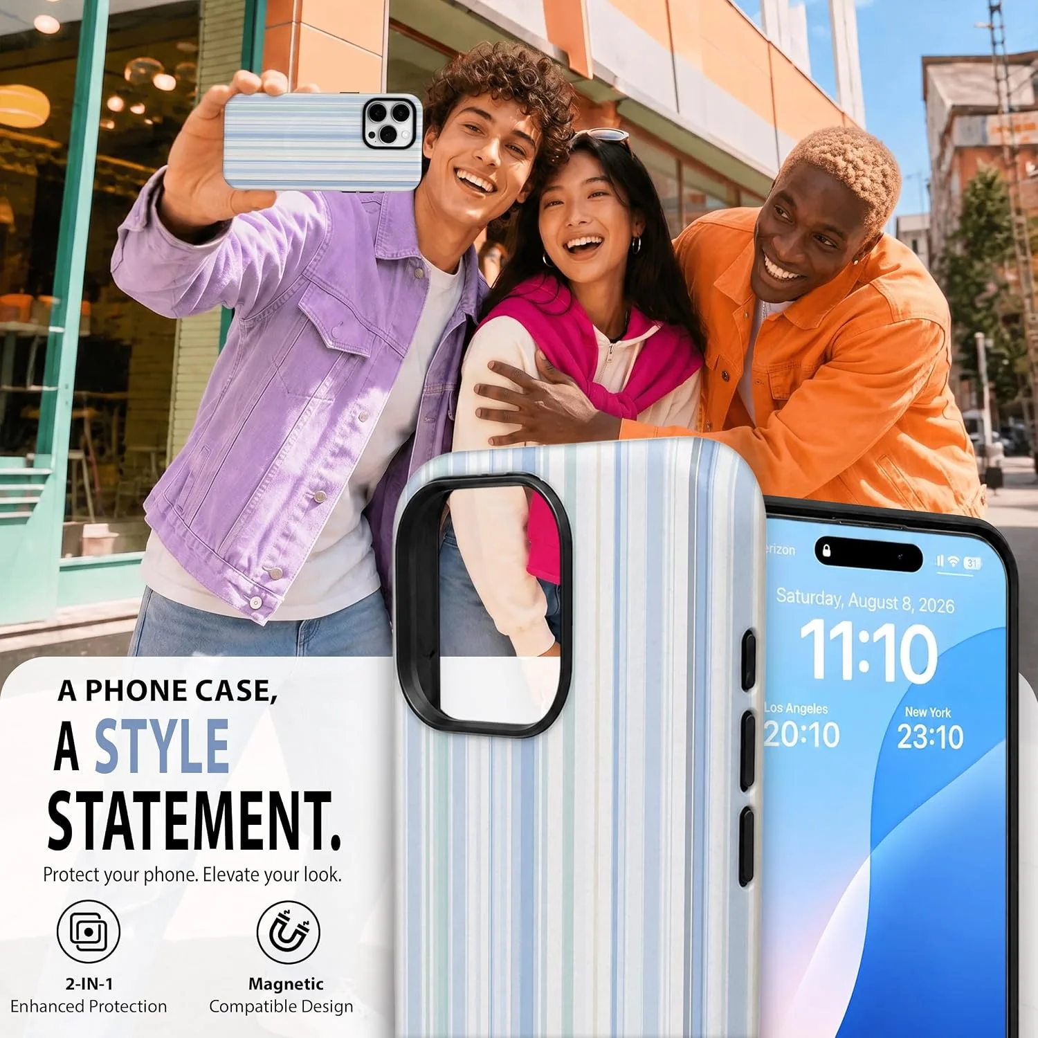 Magnetic for iPhone 16 Pro Max Phone Case, Pastel Blue Striped