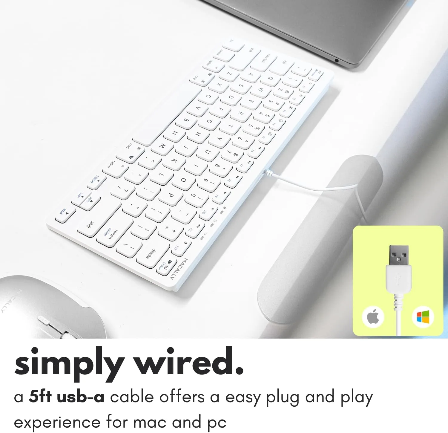 Macally USB Wired Keyboard for Mac and Windows PC - Plug and Play Apple Keyboard with 78 Scissor Switch Keys and 13 Shortcut Keys - Compact & Small that Saves Spaces and Looks Great - White