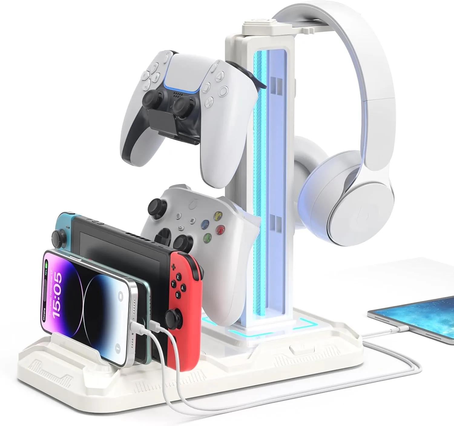 KDD Headset Stand with Charging Station - Detachable Controller Holder with 9 Light Modes - Rotatable Headphone Hanger with USB A&C Charger Ports - Earphone Hook for PC Gaming Accessories Storage