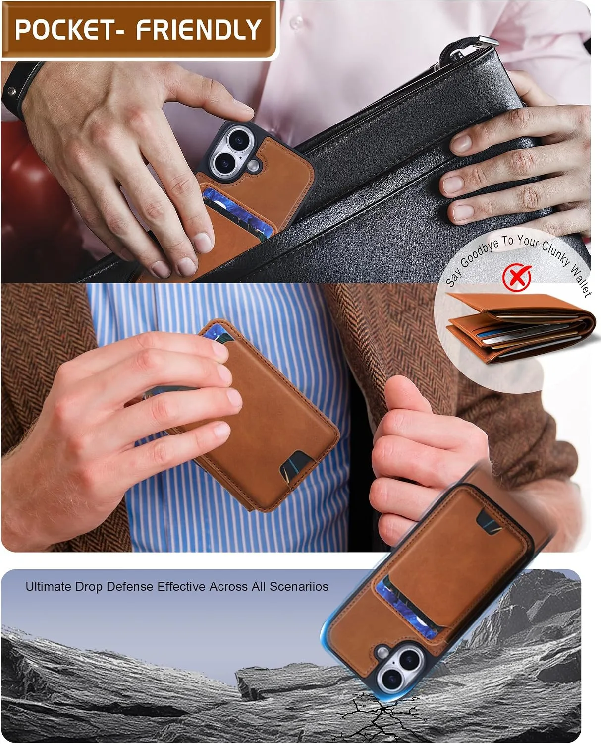 Magnetic Detachable Wallet Case for iPhone 17 with Kickstand,2-in-1 MagSafe Compatible RFID Blocking Card Holder,Slim PU Leather Cover Brown