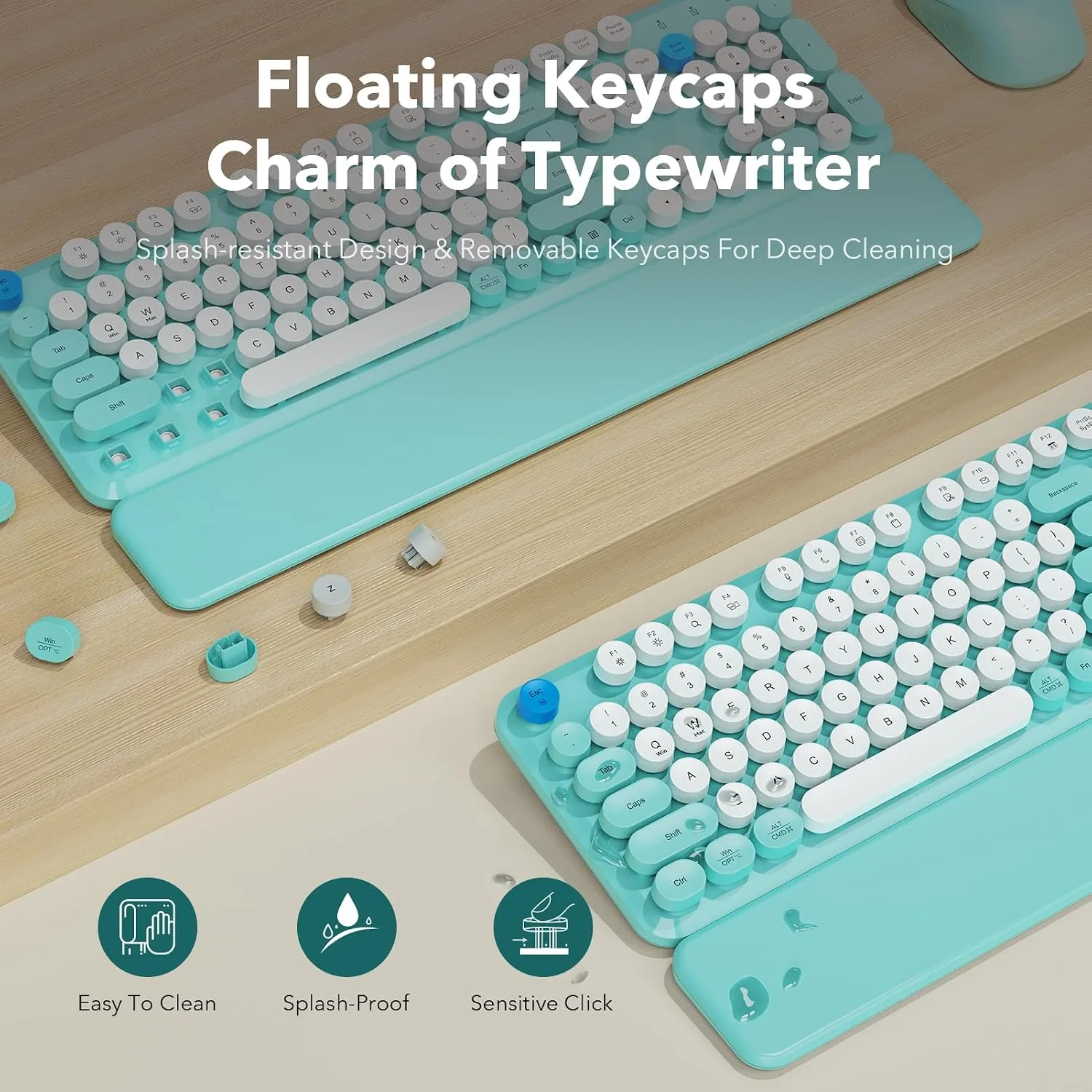 Wireless Keyboard and Mouse Combo, Round Keycap, Magnetic Wrist Rest, Blue