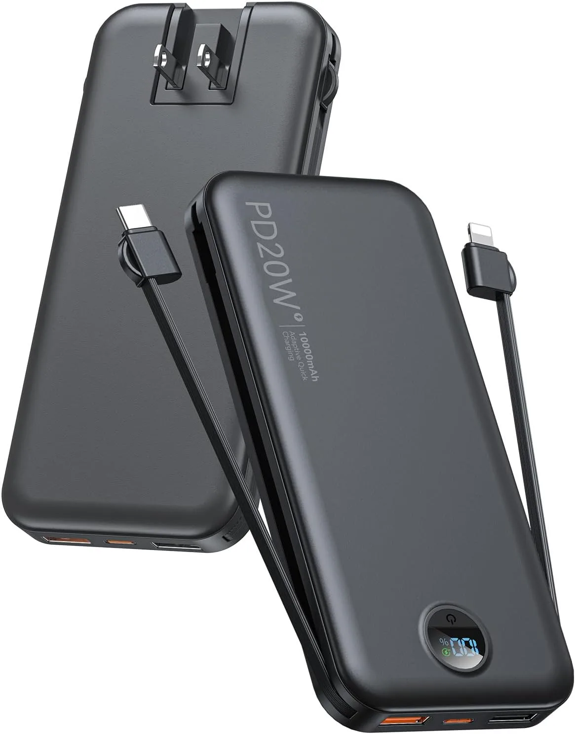 citicr Portable Charger 10000mAh PD20W w/Built-in Cables & Wall Plug Black