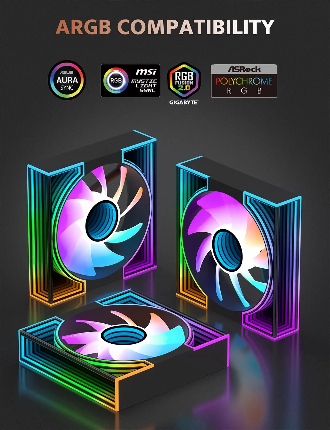 darkFlash DM8 3-Pack 120mm PC Case Fan, Infinity Mirror Case Fans, PWM ARGB Sync, 1600RPM High Airflow 56CFM, Low Noise 32.5dBA, Computer Case Cooler Fan (Black, Forward)