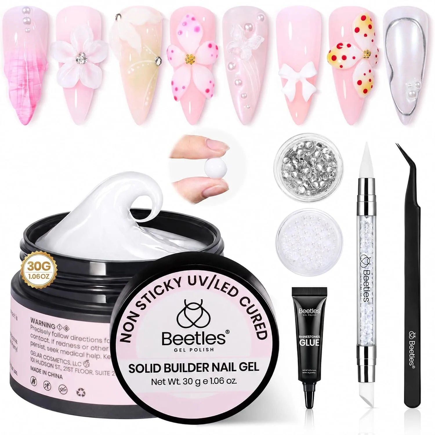 Gel para uñas Beetles 3D Gel Nail Art blanco sólido 30g con pincel escultor