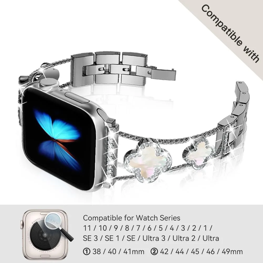 Musk-MSKR Diamond Metal Bands Add Sparkle to Your Watch For Apple Watch Series 12/11/10/9/8/7/6/5/4/3/2/SE/Ultra Clover Simple and Stylish Compatible with 38mm40mm41mm42mm44mm45mm 46mm49mm Women's Wear