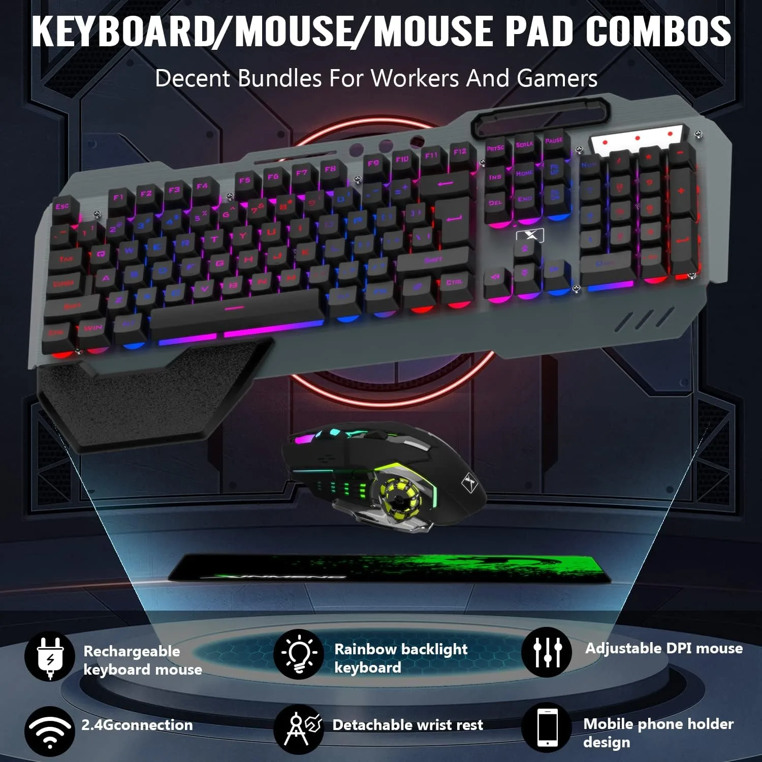 Wireless Gaming Keyboard and Mouse Combo,Rainbow LED Backlit Keyboard with Rechargeable 3800mAh Battery Metal Panel,Removable Wrist Rest Mechanical Feel and 7 Color Mute Gaming Mice for PC PS4 PS5