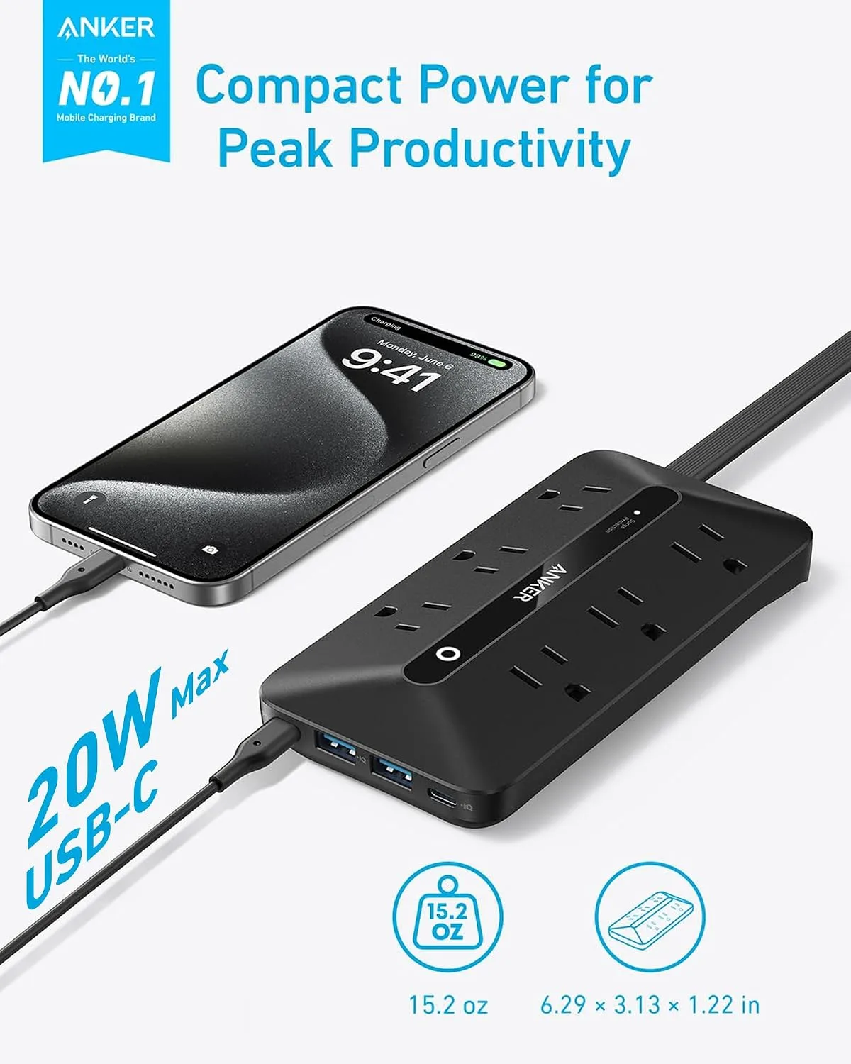 Anker Power Strip with 300J Surge Protector, 5ft Outlet Extender, 20W, 6AC