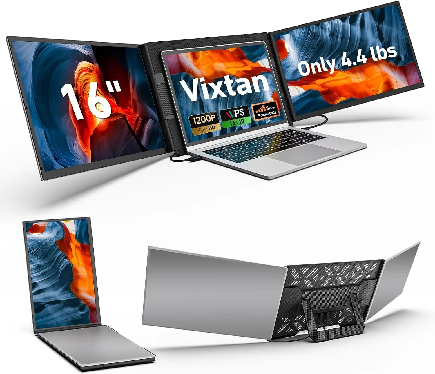 Vixtan 16.1" Triple Laptop Screen Extender, Lightweight FHD IPS Portable Monitor for Laptop, USB-C Plug & Play Multi Screen Attachment for 13-17.3" laptops with Windows/Mac/Chrome