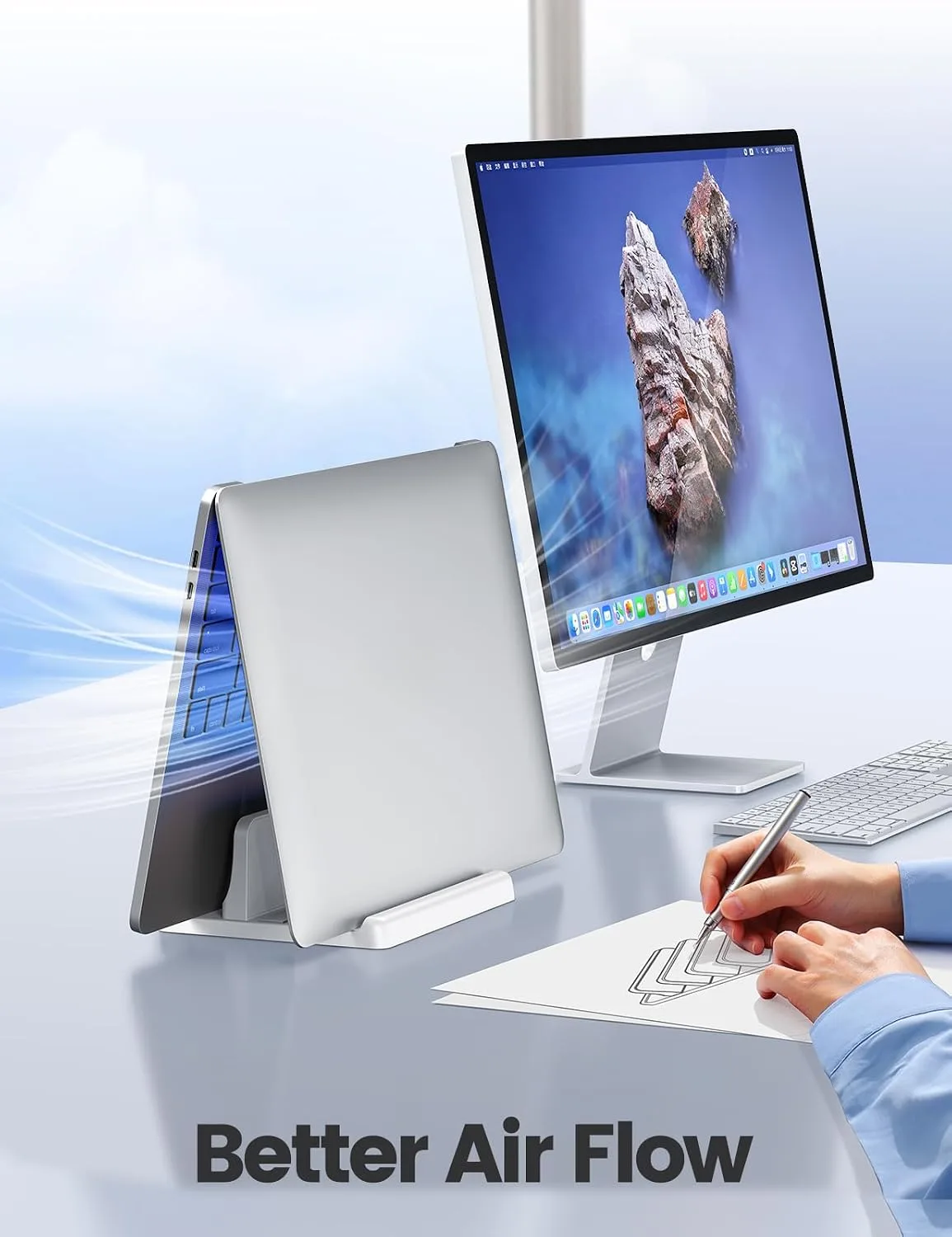 Vaydeer Vertical Laptop Stand Holder Plastic Adjustable Desktop Notebook Dock Space-Saving 3 in 1 for All MacBook Pro Air, Mac, HP, Dell, Microsoft Surface, Lenovo, up to 17.3 inches (White)