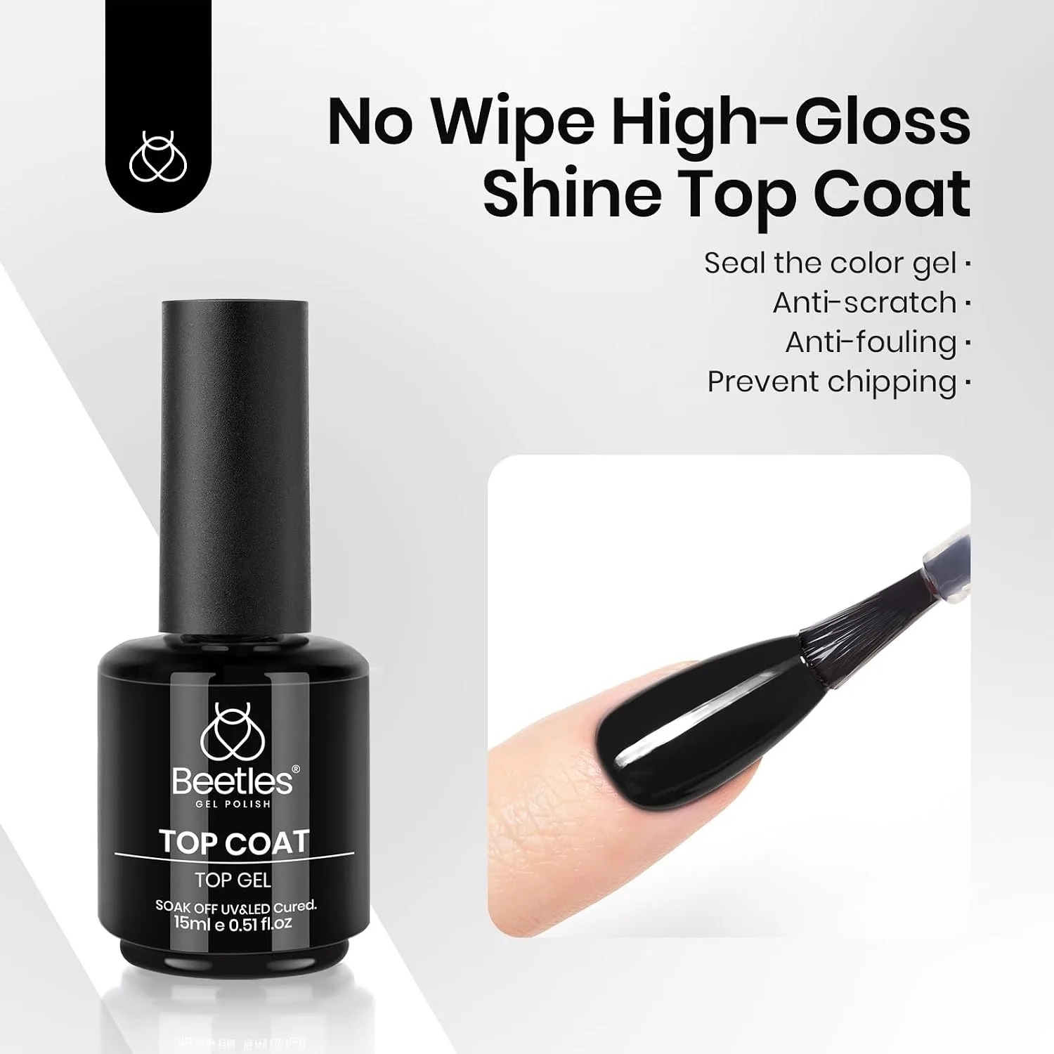 Beetles No Wipe Gel Top Coat Base Coat & Black Gel Nail Polish 3Pcs 15ml