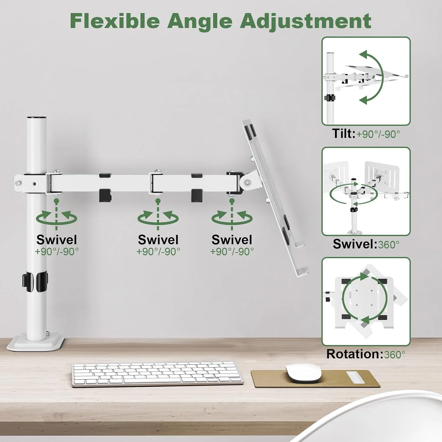 UPGRAVITY White Laptop Desk Mount with Vented Tray for Notebook up to 17 inch, Fully Adjustable Single Laptop Arm Stand Holds up to 17.6 lbs, Clamp on/Grommet Mounting
