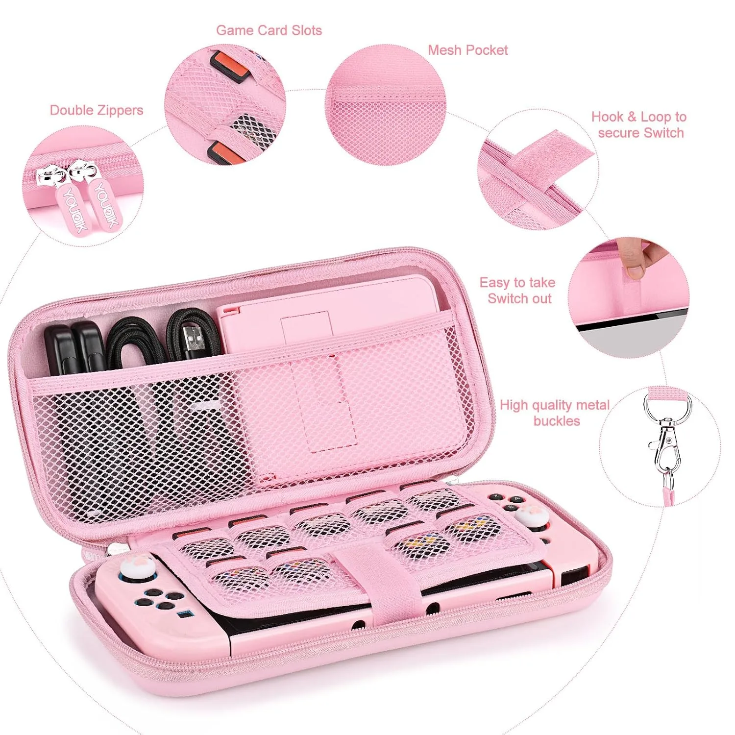 Younik Switch Accessories Bundle, 17 in 1 Pink Switch Accessories Kit for Girls Include Switch Carrying Case, Adjustable Stand, Protective Case for Switch Console & J-Con Pink