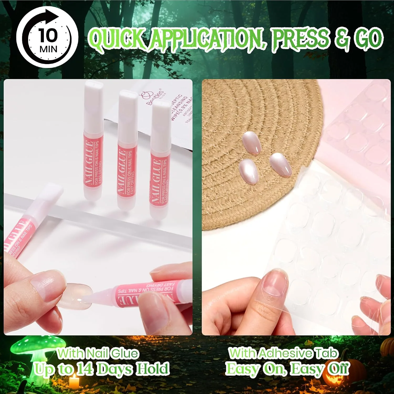 Beetles Halloween Press On Nails, Green Cat Eye Short Almond, 32 Pieces